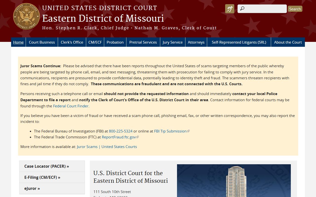 Eastern District of Missouri federal court source for cases outside Scotland County Circuit Clerk custody
