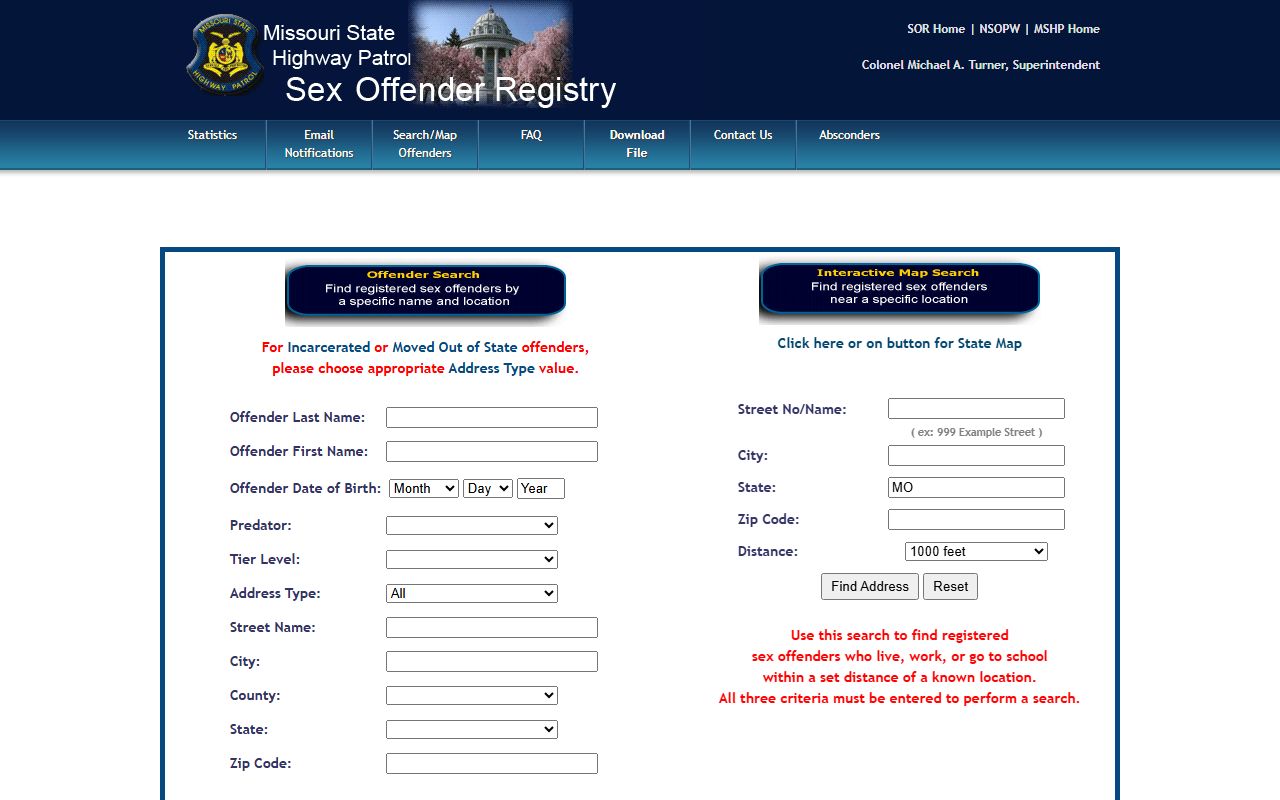 Missouri State Highway Patrol sex offender registry search for registry status context