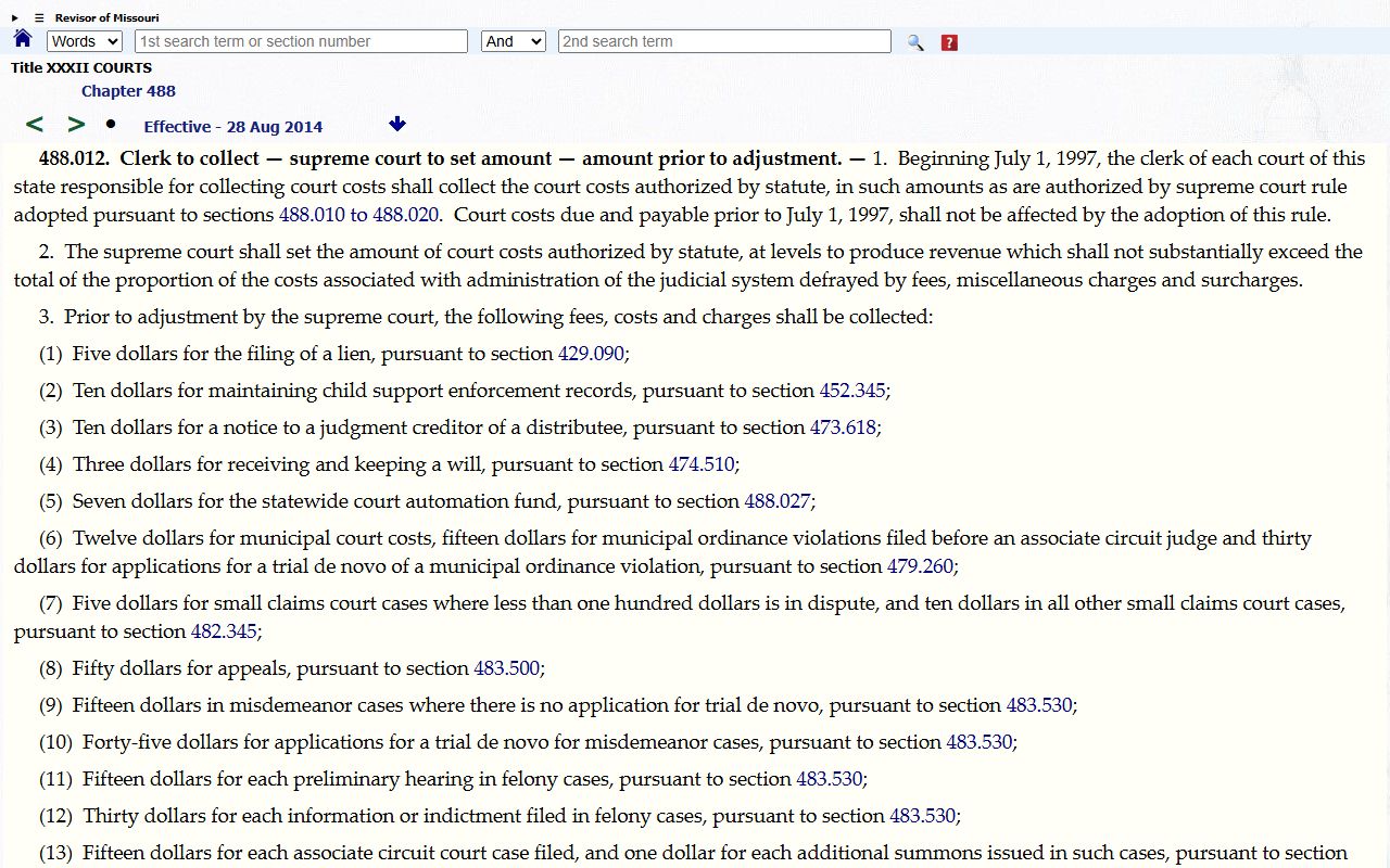 Missouri court-cost collection statute for court record fee context