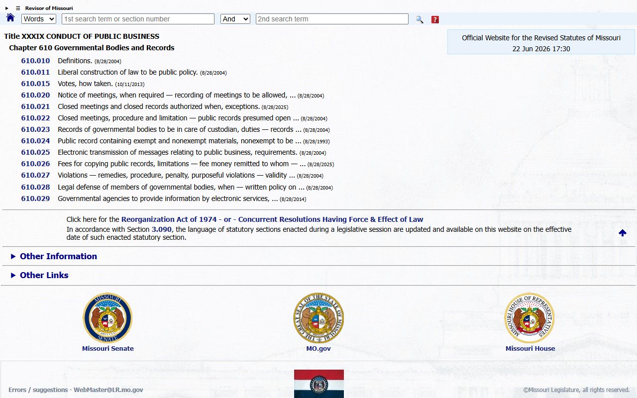Missouri Sunshine Law provisions relevant to Scotland County public records