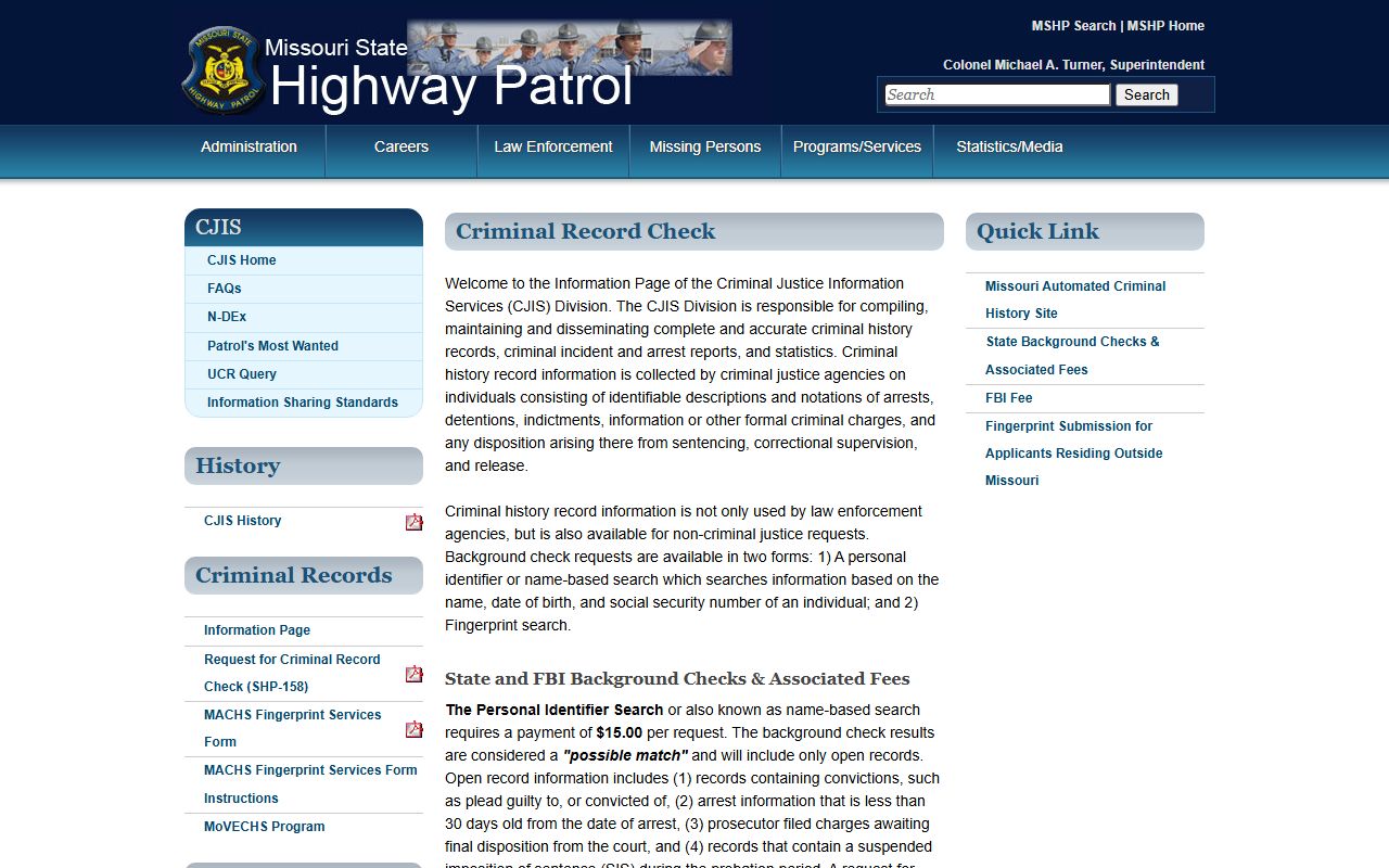 Missouri State Highway Patrol criminal record check page for statewide criminal history context
