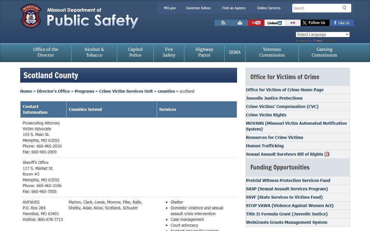 Scotland County Court records victim services and law enforcement contacts