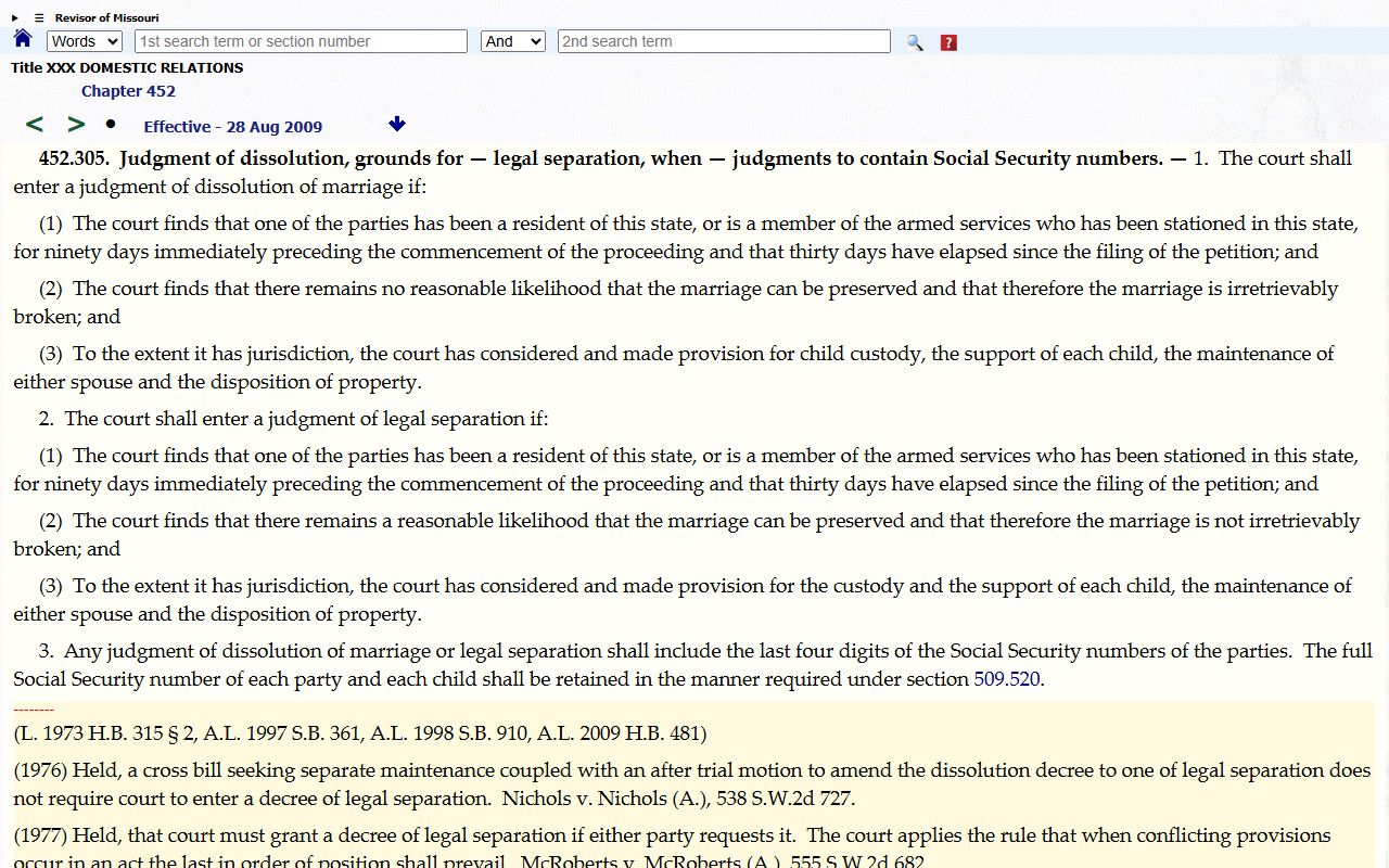 Missouri dissolution of marriage statute for Scotland County divorce records