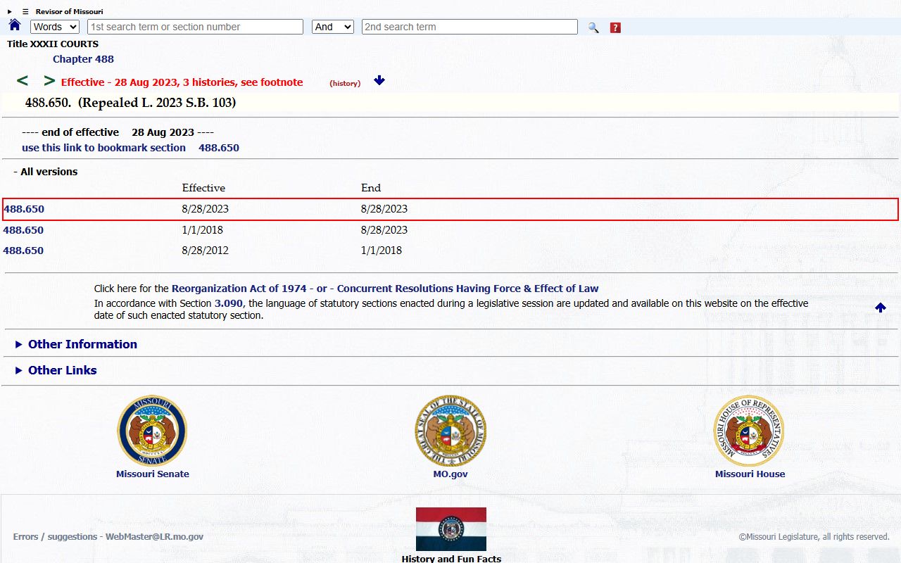 Missouri expungement surcharge statute source for court fee context